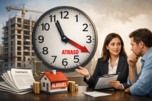 Advogada especialista em Direito Imobiliário analisando contrato de compra e venda. Ao fundo, um relógio simbolizando o atraso na entrega de imóvel na planta e o direito à indenização por lucros cessantes.