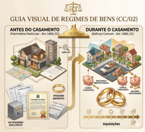 Infográfico explicativo sobre a comunicação de bens no casamento. À esquerda, detalha o "Patrimônio Particular" (antes do casamento, Art. 1.659, CC) com ícones de casa, documentos de origem e cofre. À direita, detalha o "Esforço Comum" (durante o casamento, Art. 1.660, CC) com ícones de múltiplas casas, conta conjunta e investimentos. No topo, o logotipo de Freitas & Torres Advocacia sobre uma balança da justiça dourada.