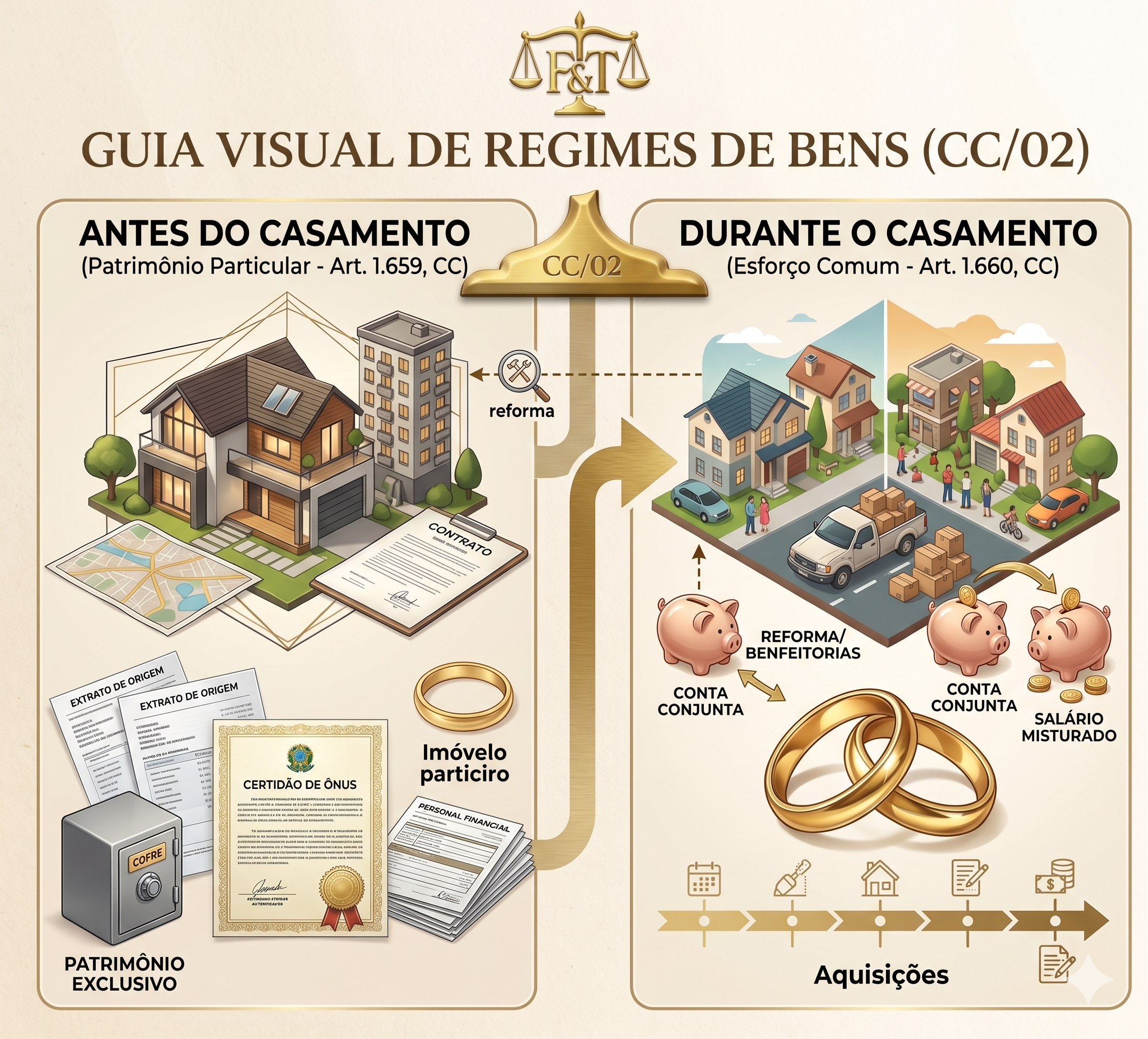 Infográfico explicativo sobre a comunicação de bens no casamento. À esquerda, detalha o "Patrimônio Particular" (antes do casamento, Art. 1.659, CC) com ícones de casa, documentos de origem e cofre. À direita, detalha o "Esforço Comum" (durante o casamento, Art. 1.660, CC) com ícones de múltiplas casas, conta conjunta e investimentos. No topo, o logotipo de Freitas & Torres Advocacia sobre uma balança da justiça dourada.