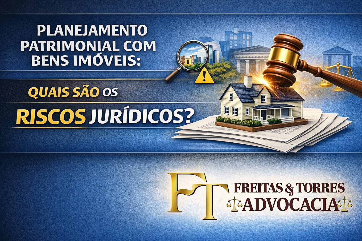 Imagem ilustrativa destinada a representar o planejamento patrimonial com bens imóveis, destacando os riscos jurídicos envolvidos e a importância da segurança jurídica na estruturação de holdings e proteção do patrimônio.