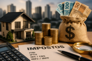 A imagem ilustra, de forma simbólica, a relação entre o patrimônio imobiliário e a carga tributária no Brasil. Elementos como o imóvel, o dinheiro e os documentos fiscais representam os principais pontos impactados pela reforma tributária de 2026, que altera a forma de incidência de tributos como ITBI, IPTU, IBS e CBS. O cenário reforça a importância do planejamento tributário e da análise estratégica para quem compra, vende ou investe em imóveis, especialmente diante de um sistema mais rigoroso e transparente.