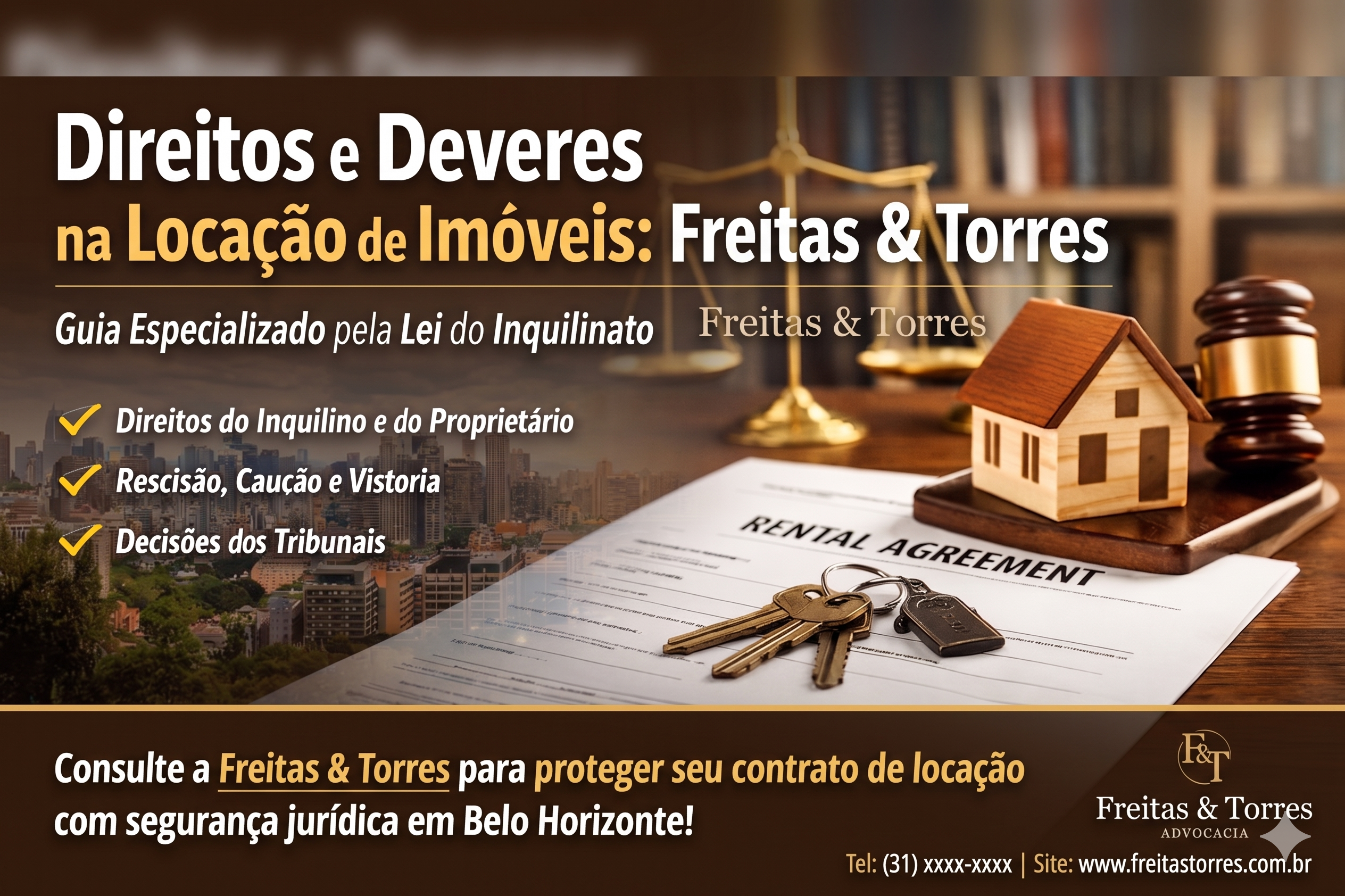 Texto Alternativo: Infográfico sobre Direitos e Deveres na Locação de Imóveis da Freitas e Torres Advocacia, destacando a Lei do Inquilinato e segurança jurídica em Belo Horizonte.