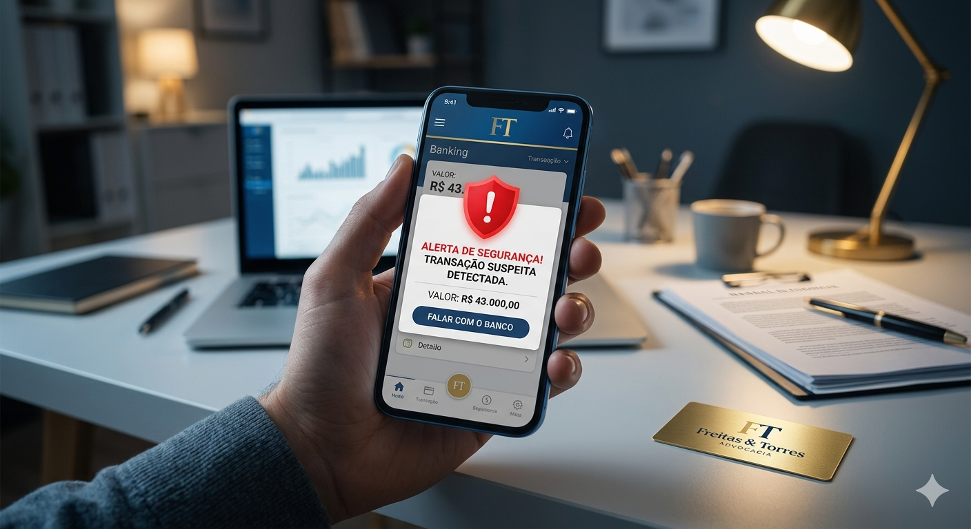 Celular exibindo alerta de fraude bancária com aviso de transação suspeita detectada sobreposto a aplicativo de banco. Na mesa de escritório, há um notebook e um cartão de visita dourado da Freitas e Torres Advocacia.