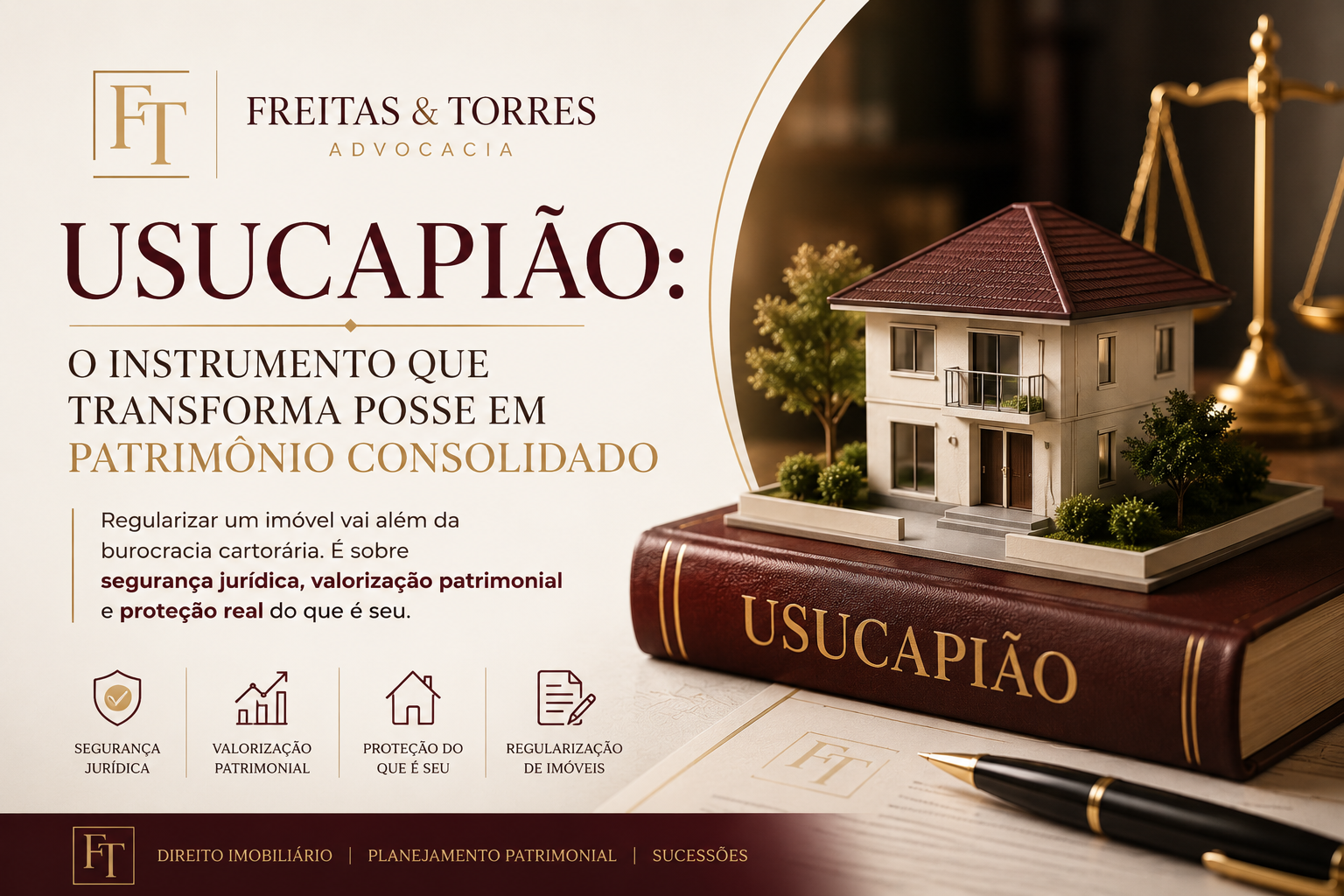 **Texto alternativo (ALT TEXT) para SEO e acessibilidade:** Imagem institucional da [Freitas & Torres Advocacia](https://freitasetorres.com.br?utm_source=chatgpt.com) sobre usucapião extrajudicial, com estética premium em tons vinho, dourado e fundo claro sofisticado. A arte apresenta miniatura de imóvel sobre livro jurídico, elementos discretos da balança da justiça e texto sobre regularização imobiliária, segurança jurídica e valorização patrimonial.