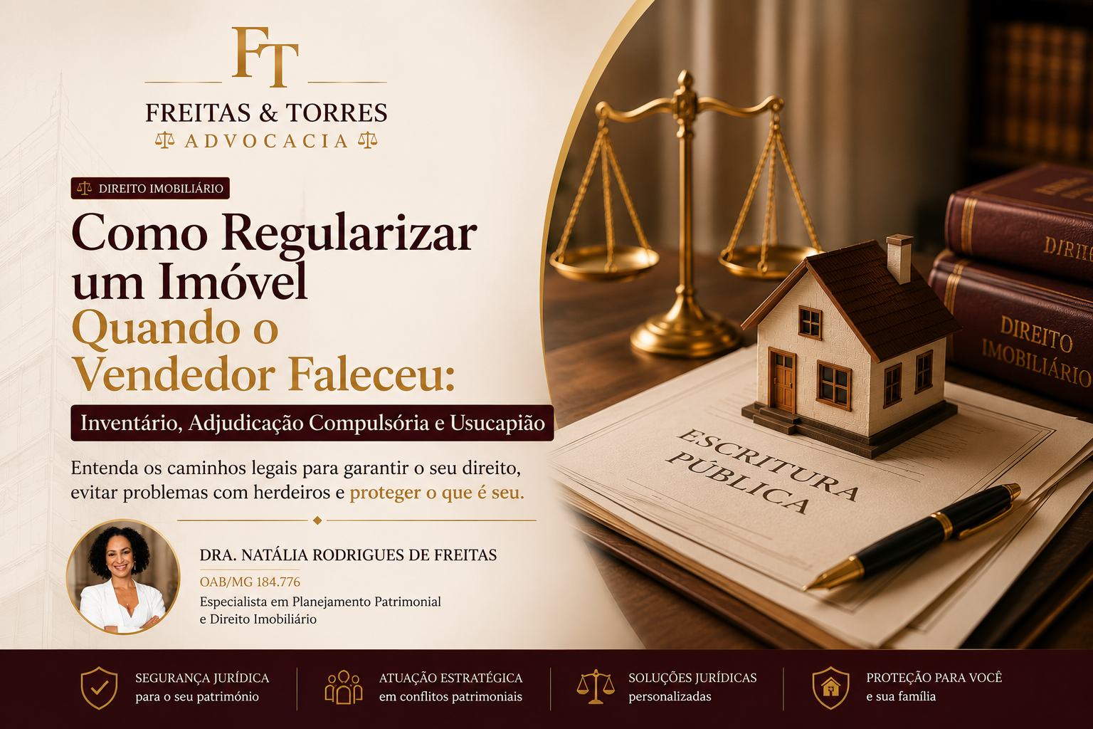 Como regularizar um imóvel quando o vendedor faleceu. Imagem institucional da Dra. Natália Rodrigues de Freitas com imóvel, escritura pública e símbolos jurídicos, representando inventário, adjudicação compulsória, usucapião e regularização imobiliária.