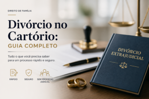 Imagem ilustrativa de divórcio no cartório com elementos jurídicos como livro, alianças e símbolo da justiça, destacando processo rápido e seguro.