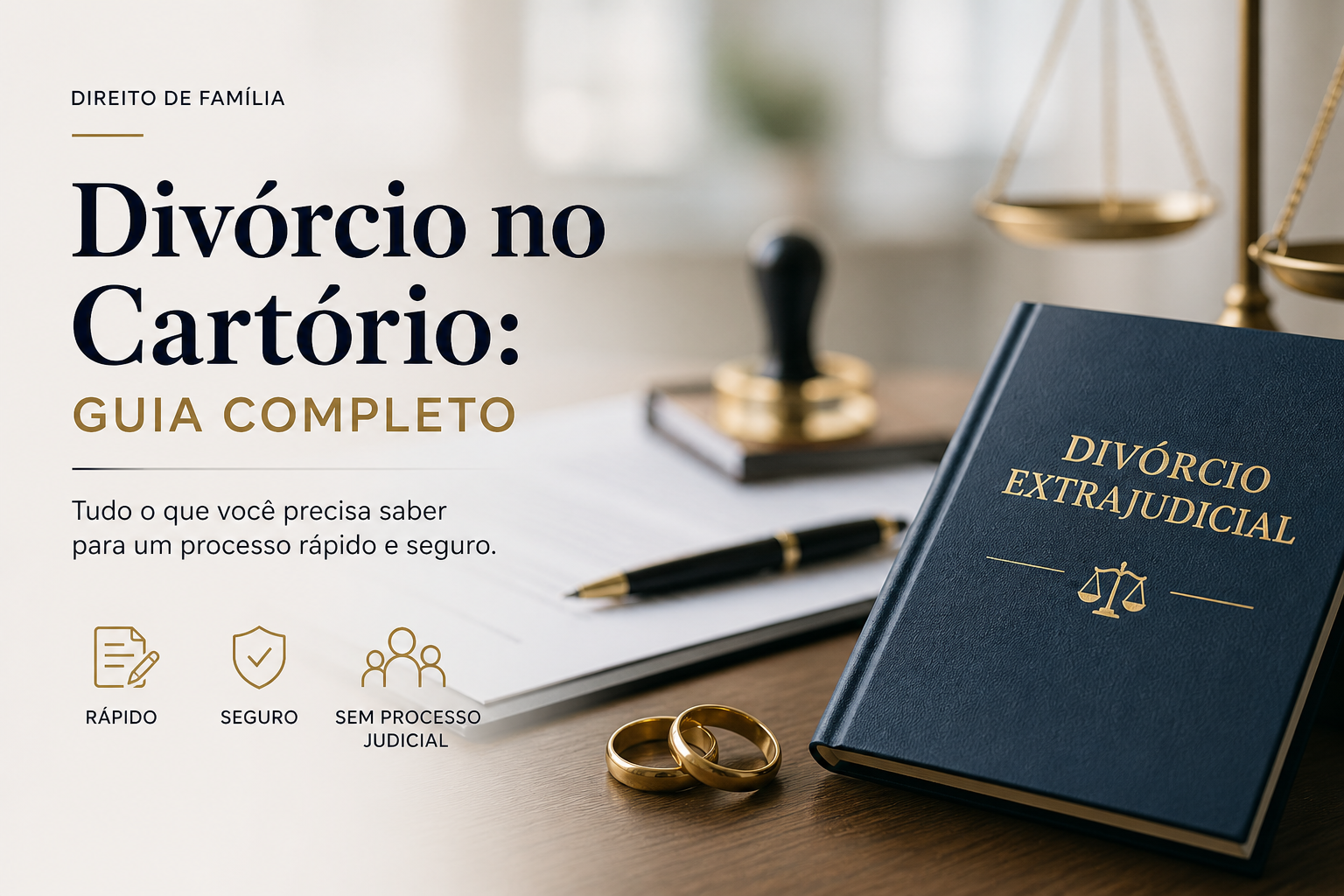 Imagem ilustrativa de divórcio no cartório com elementos jurídicos como livro, alianças e símbolo da justiça, destacando processo rápido e seguro.